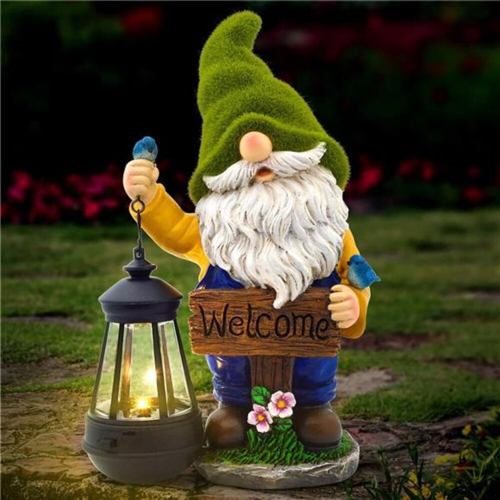 Christmas Garden Gnomes Outdoor - Flocked Gnome Statue Holding Lantern